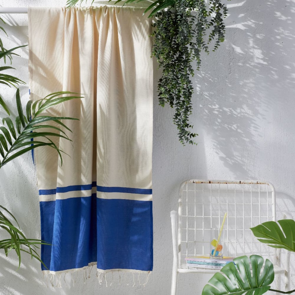 Fouta à franges bicolore coton  100x190 cm Bleu
