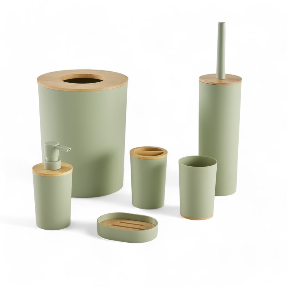 Set de 6 accessoires de salle de bain et wc avec bambou  36x9cm vert