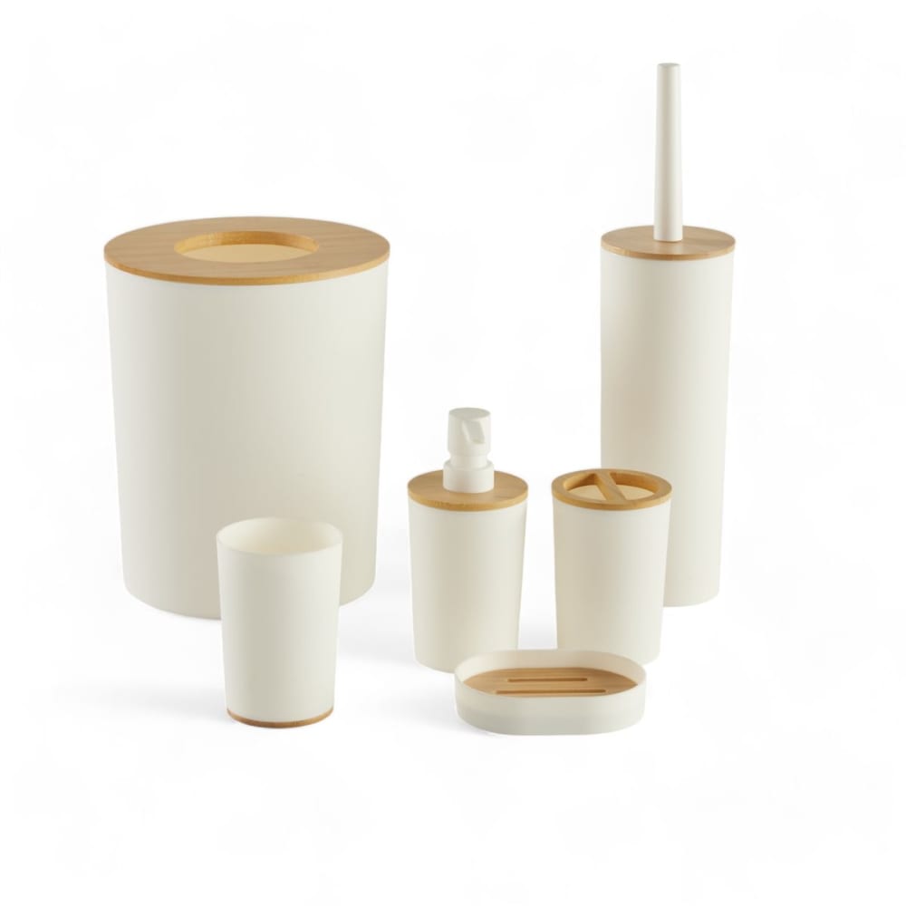 Set de 6 accessoires de salle de bain et wc avec bambou  36x9cm blanc