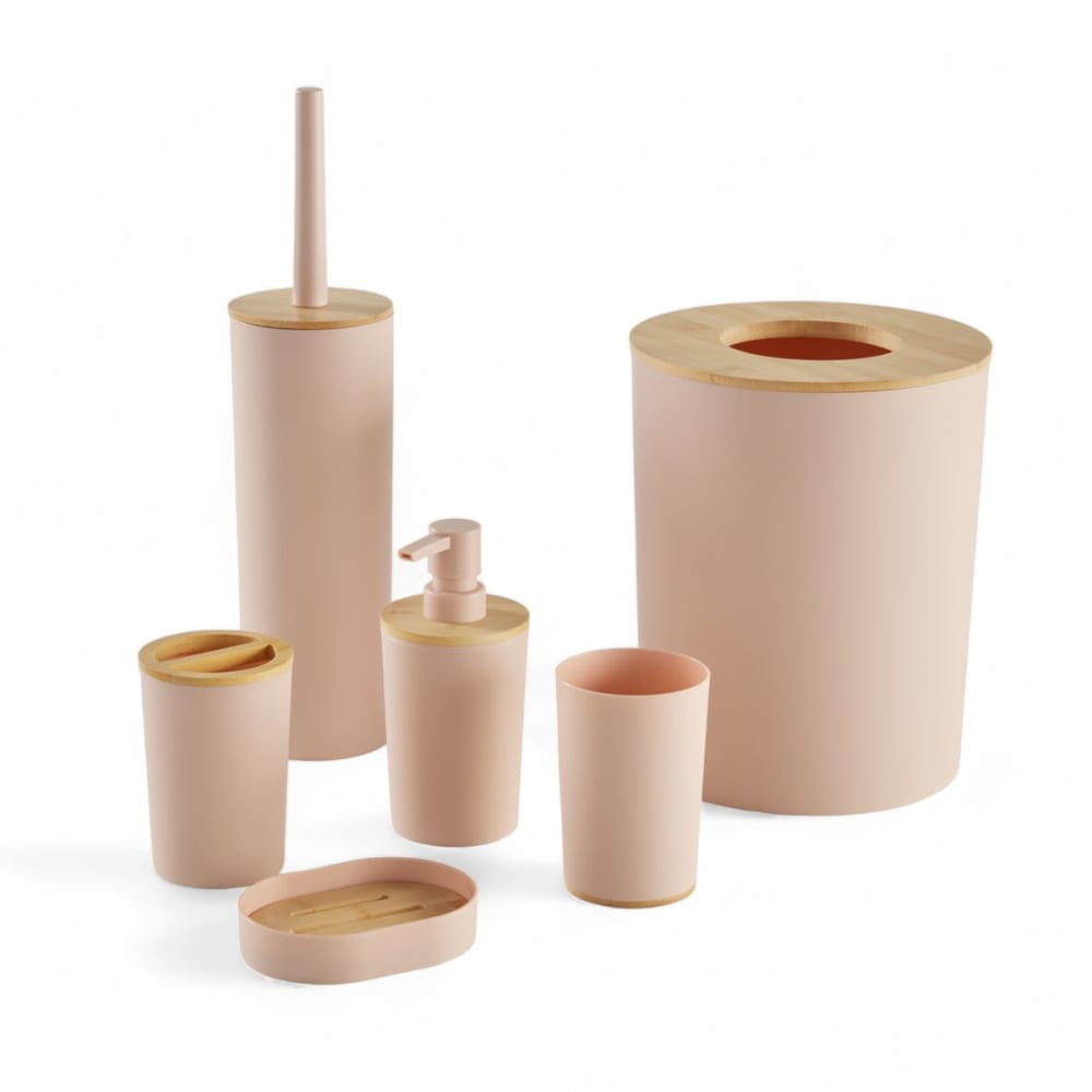 Set de 6 accessoires de salle de bain et wc avec bambou  36x9cm rose