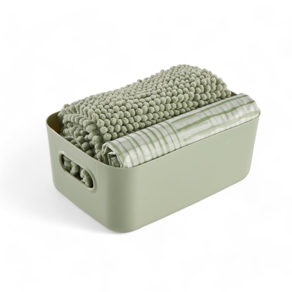 Set de douche 3 accessoires rideau tapis panier 180x180cm vert