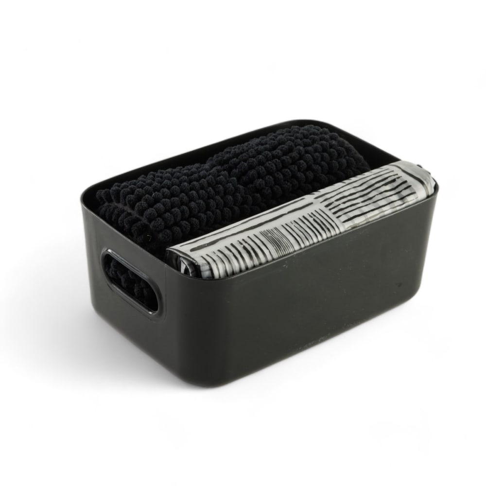 Set de douche 3 accessoires rideau tapis panier 180x180cm noir