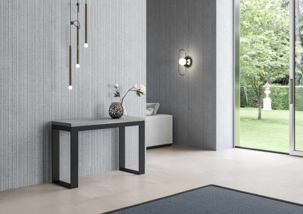 Ausziehtisch 120/200x45/90 cm in Holzoptik Zementgrau, Eisen -