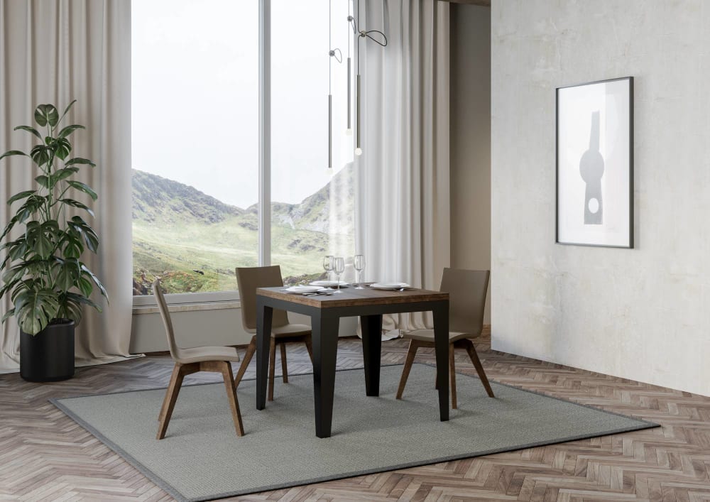 Table extensible portefeuille effet bois noyer 90x90/180 cm