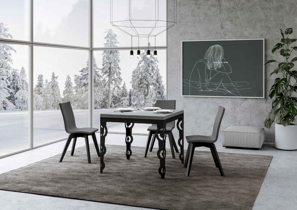 Ausziehtisch 90x90/180 cm in Holzoptik Zementgrau, Eisen -