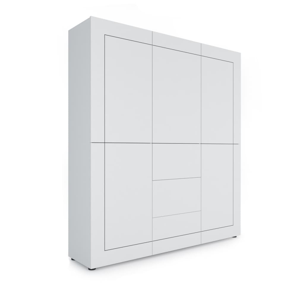 Buffet haut 5 portes/3 tiroirs effet bois blanc brillant 150x35x165cm
