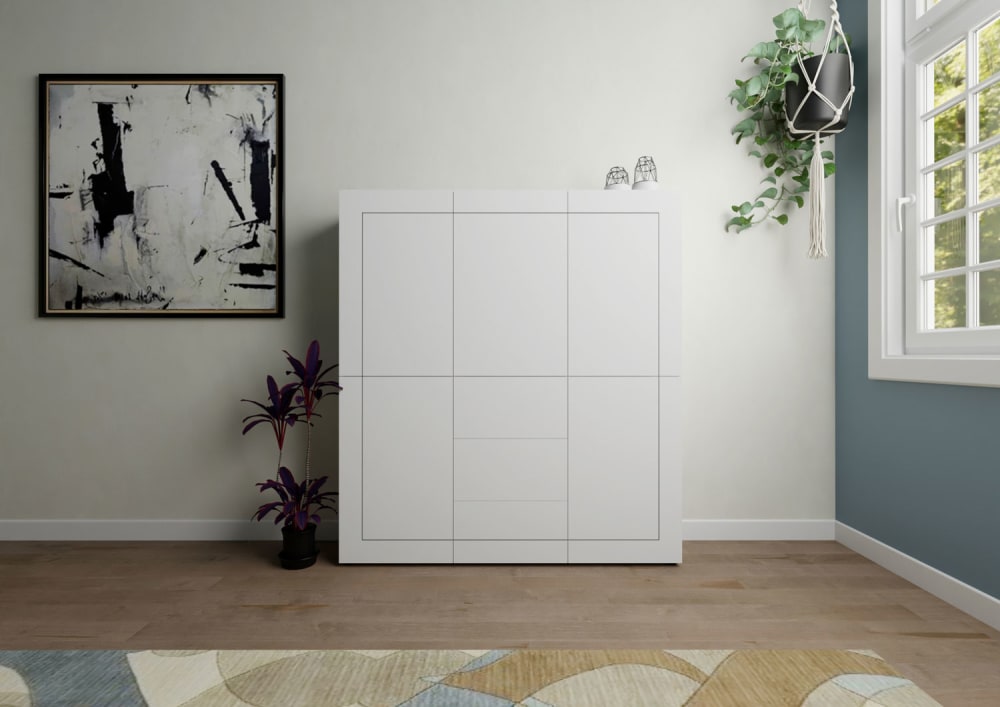 Hohe Kommode 5-türig/3-Schubladen 150x35x165cm in Holzoptik Weiß