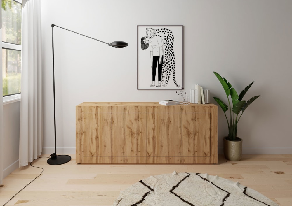 Buffet 4 portes effet bois chêne nature 200x40x83,5 cm