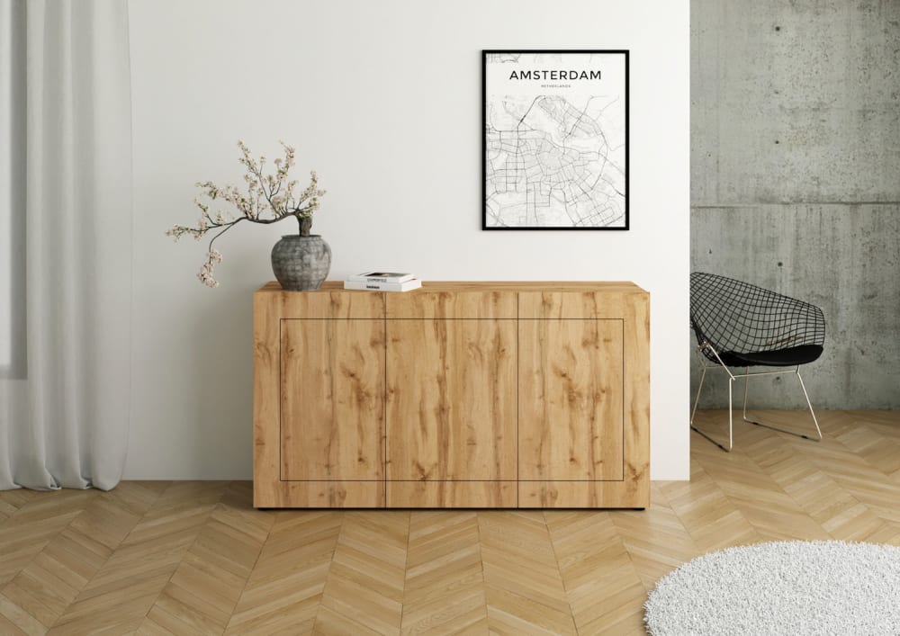 Kommode 3-türig 150x40x83,5cm in Holzoptik Eiche Natur - Maisons