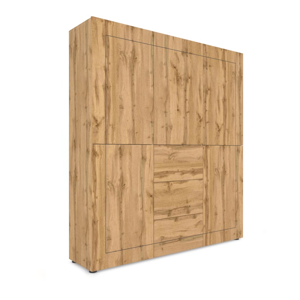 Buffet haut 5 portes/3 tiroirs effet bois chêne nature 150x35x165cm