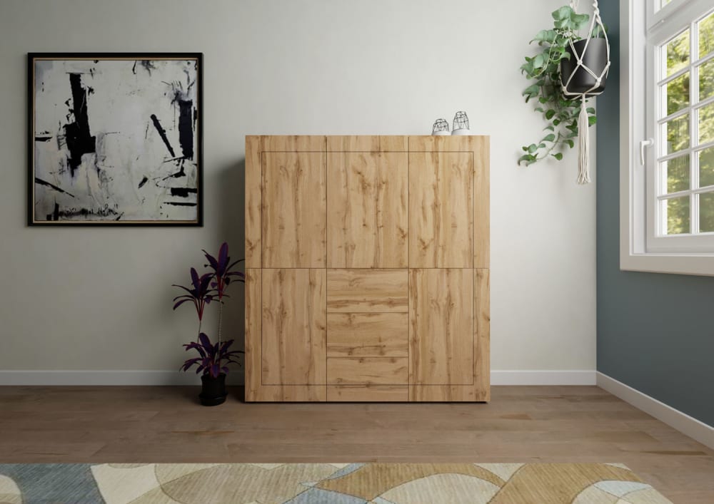 Hohe Kommode 5-türig/3-Schubladen 150x35x165cm in Holzoptik Eiche