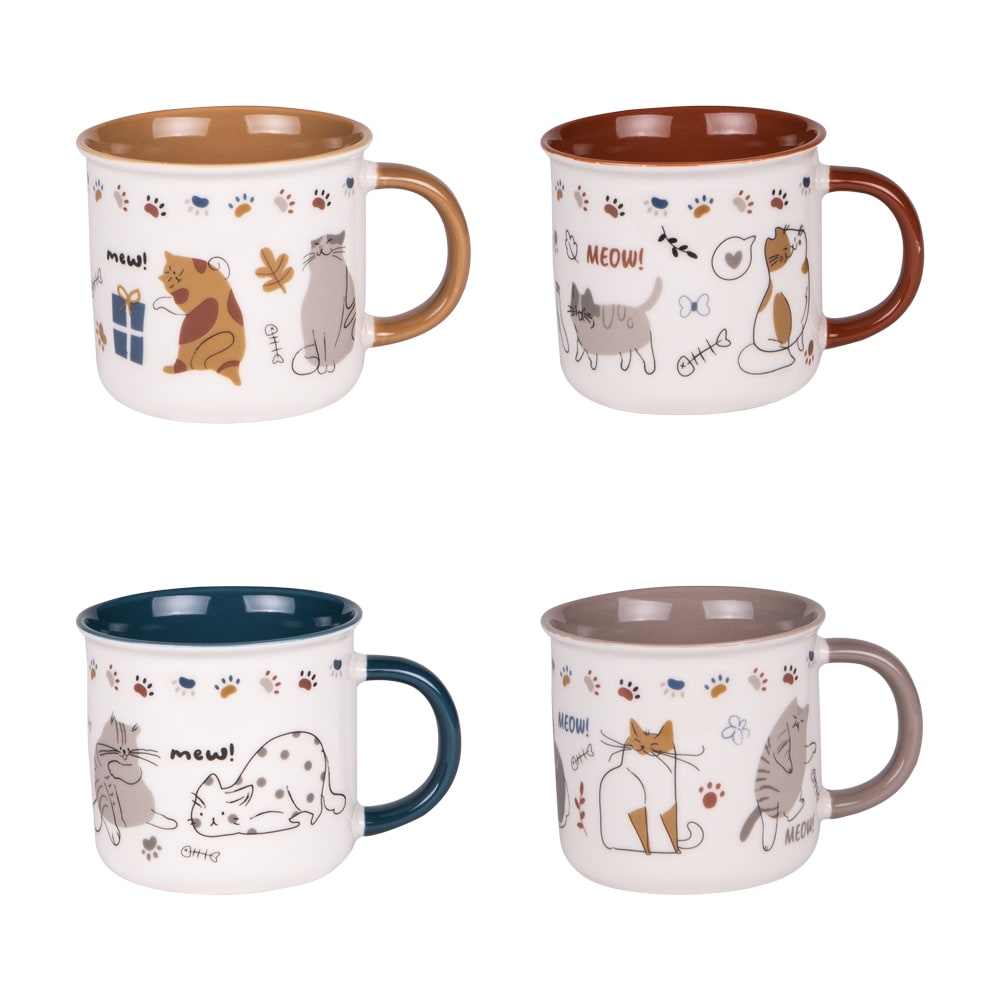 Coffret de 4 mugs chat 35 cl blancs en porcelaine