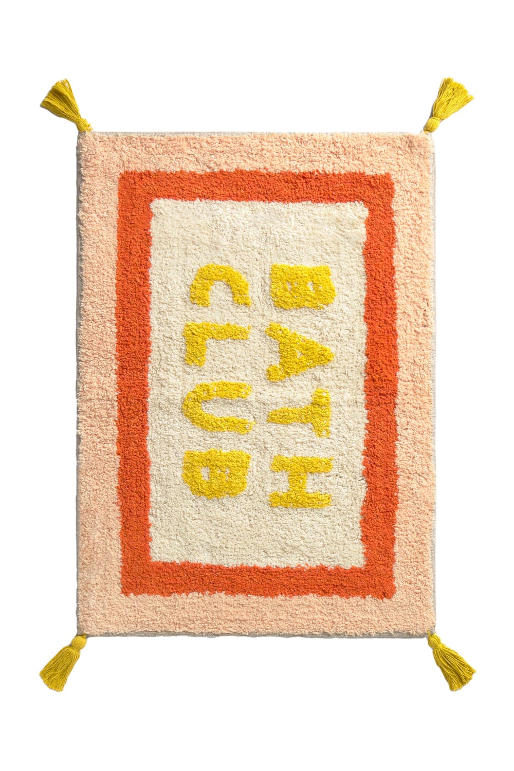 CALMA HOUSE Moderner Tufting-Badteppich aus Baumwolle mit Design in Orange- und Beigetönen, fertig mit Pompons. Orange