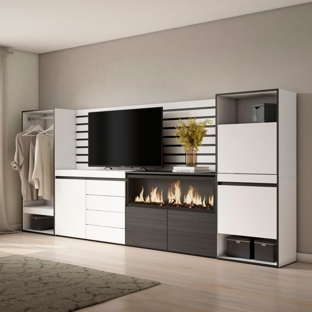 Skraut home Sideboard Holzeffekt Kamin mit Feuereffekt XXL 334x35x145cm Weiß style modern Weiß Spanplatte