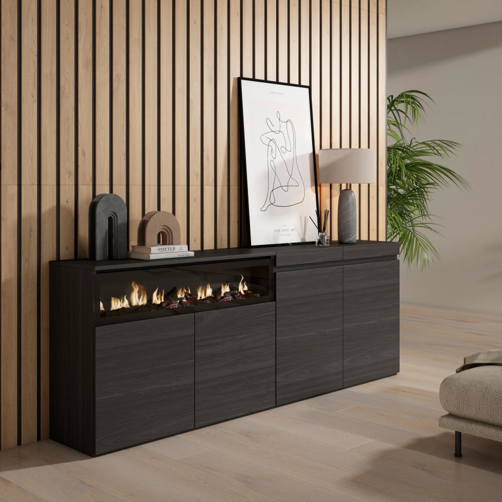 Skraut home Sideboard Holzeffekt Kamin mit Feuereffekt 200x35x75cm Schwarz style modern Schwarz Spanplatte
