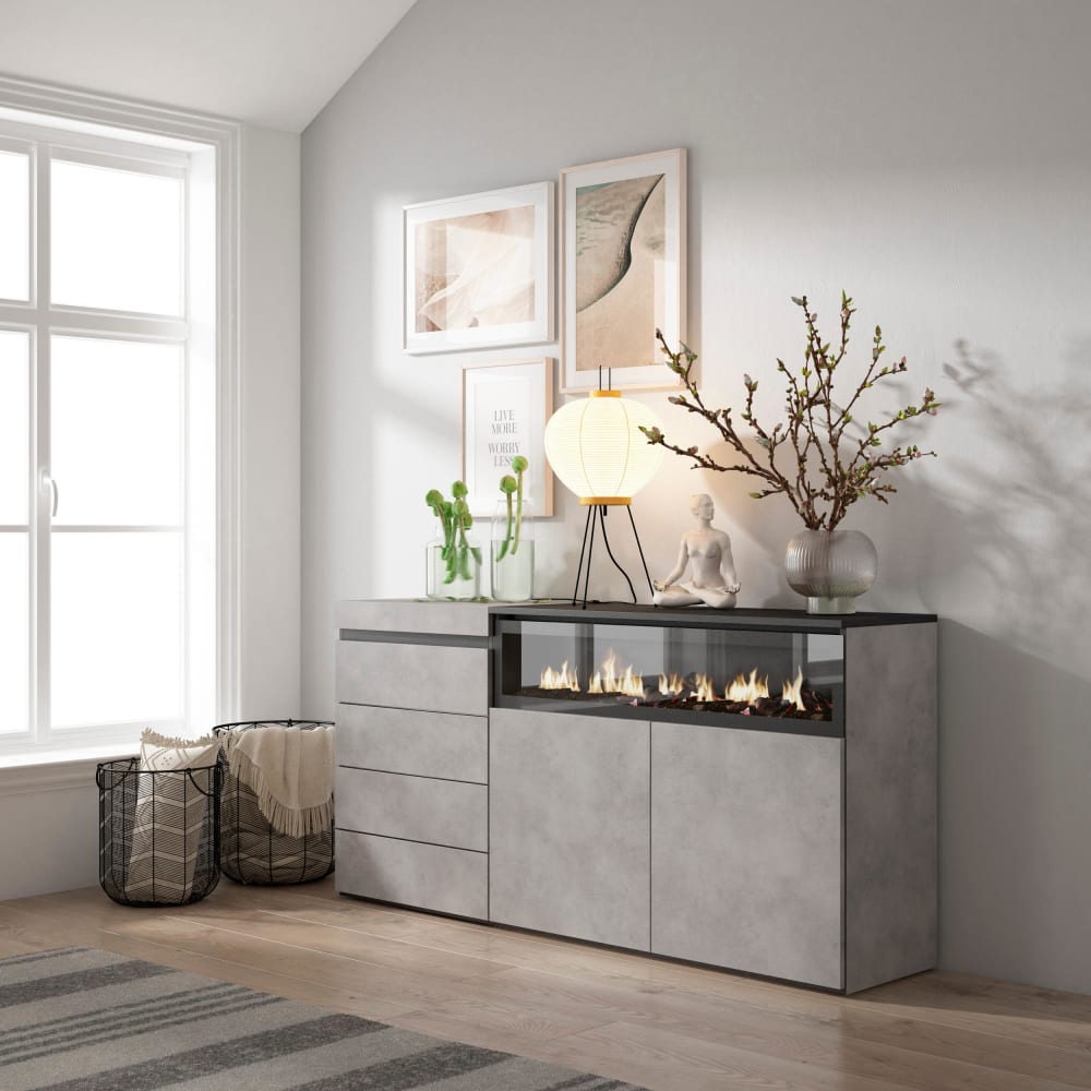 Skraut home Kommode Holzeffekt Kamin mit Feuereffekt Zementgrau 157x35x75cm style modern - Spanplatte