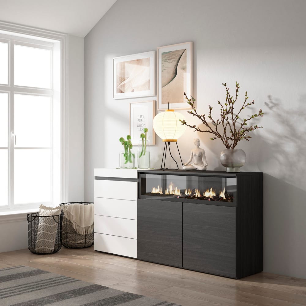 Skraut home Kommode Holzeffekt Kamin mit Feuereffekt 157x35x75cm Weiß und Schwarz style modern Weiß Spanplatte