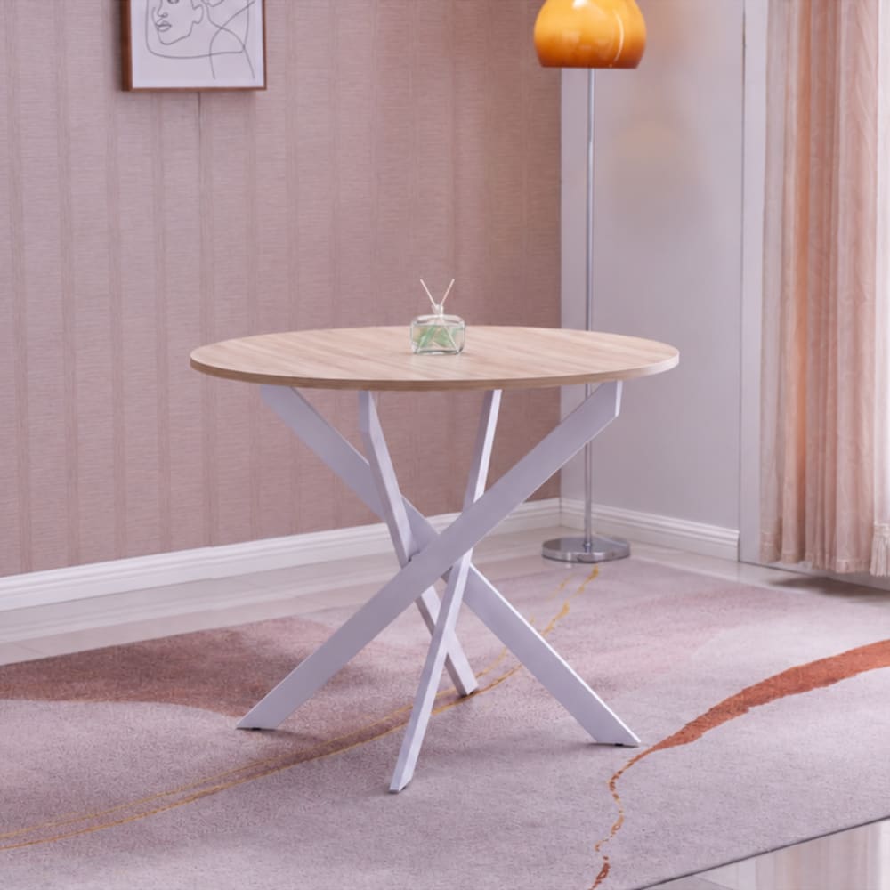 mesa comedor redonda efecto madera de roble y blanco 90x90x77cm