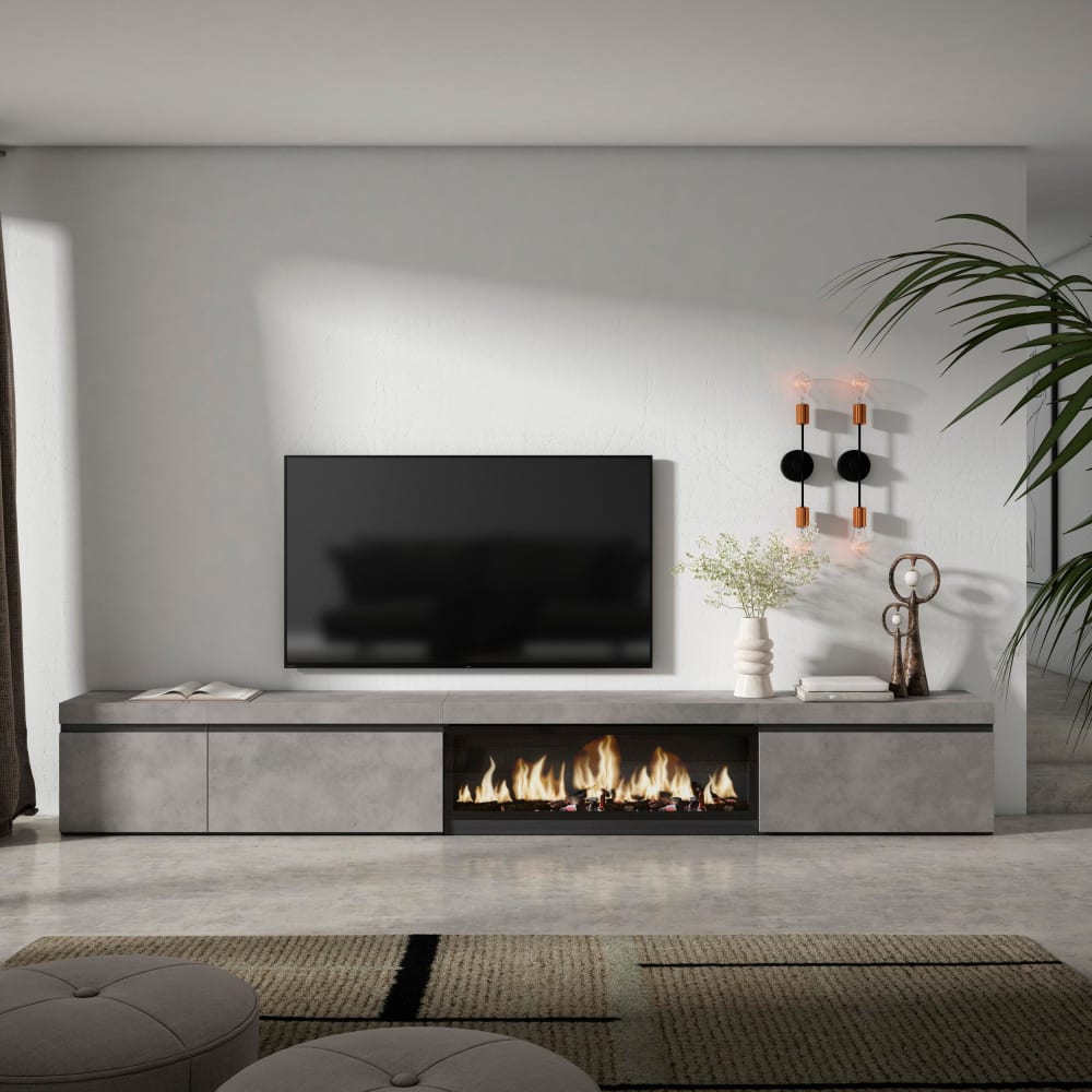 Meuble tv effet bois ciment 317x35x45cm cheminée effet feu XXL