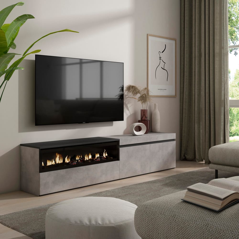 mueble tv efecto madera cemento 200x35x45cm chimenea efecto fuego