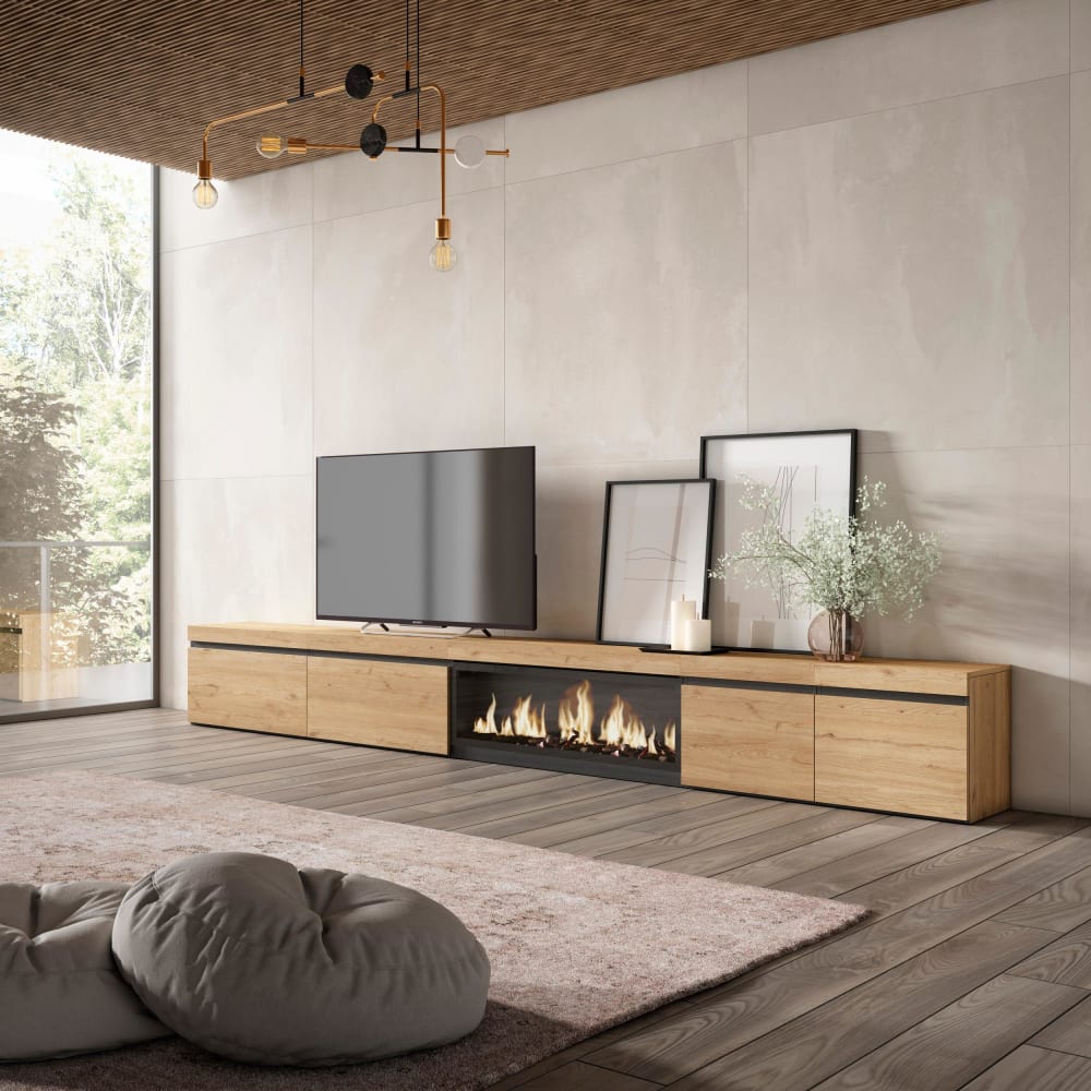 Meuble tv effet bois de chêne 368x35x45cm cheminée effet feu XXL