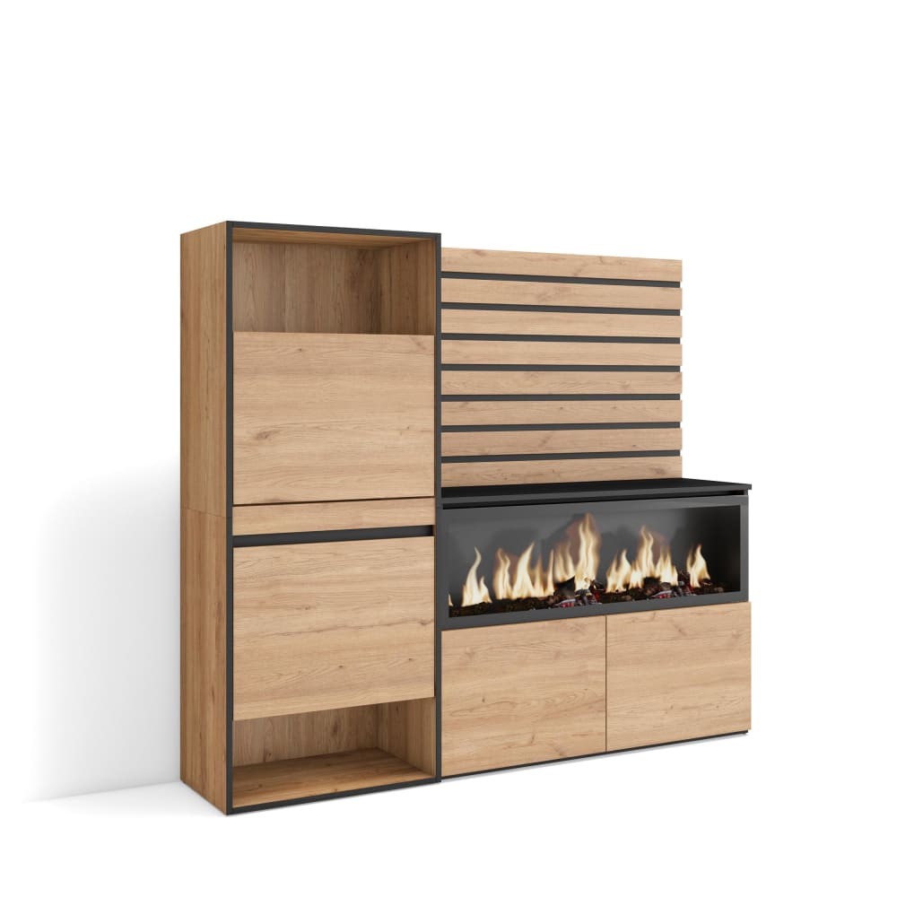 Meuble à chaussures effet bois de chêne 167x35x145 cheminée effet feu