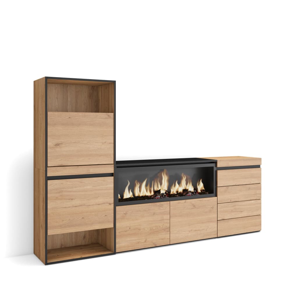 Meuble à chaussures effet bois de chêne 224x35x145 cheminée effet feu