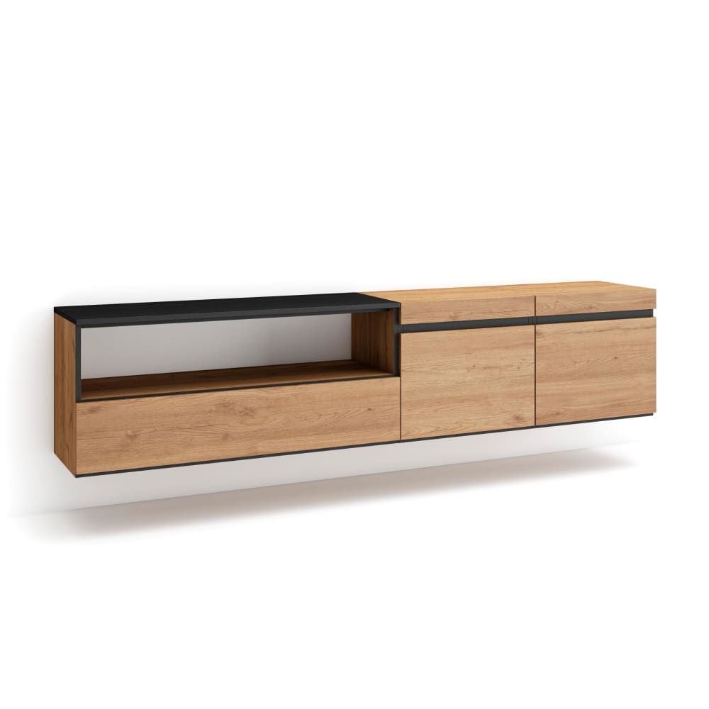 Meuble tv effet bois chêne et noir 200x35x45cm suspendu