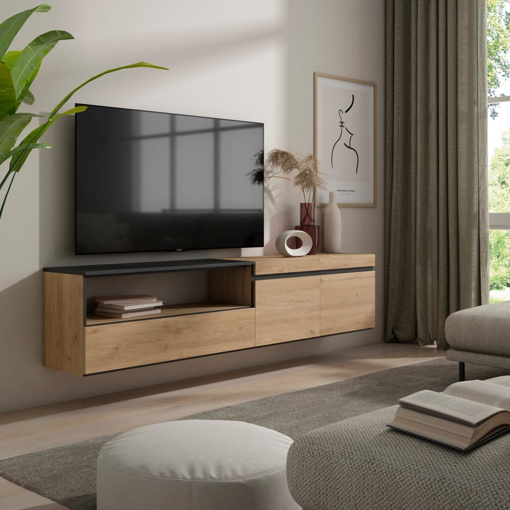 Skraut home TV-Möbel Holzeffekt Hängend 200x35x45cm Eiche und Schwarz style modern Beige Spanplatte