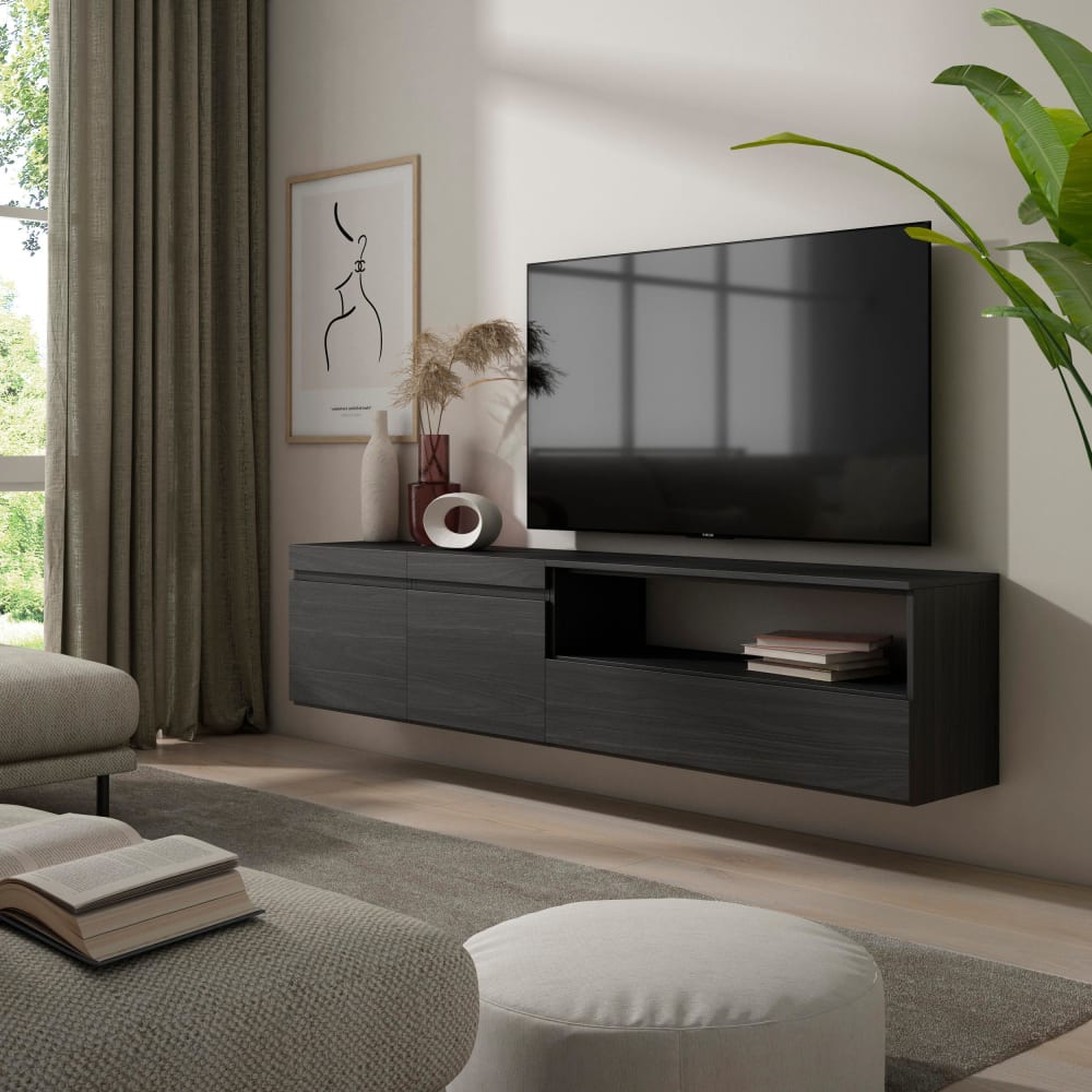 Skraut home TV-Möbel Holzeffekt Hängend 200x35x45cm Schwarz style modern Schwarz Spanplatte