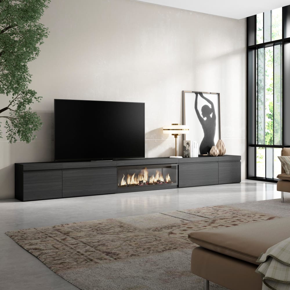 Meuble tv effet bois noir 368x35x45cm cheminée effet feu XXL
