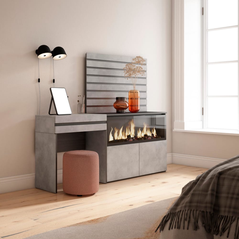 Skraut home Schminktisch Holzeffekt Kamin mit Feuereffekt XL 177x35x145 Zementgrau style modern - Spanplatte