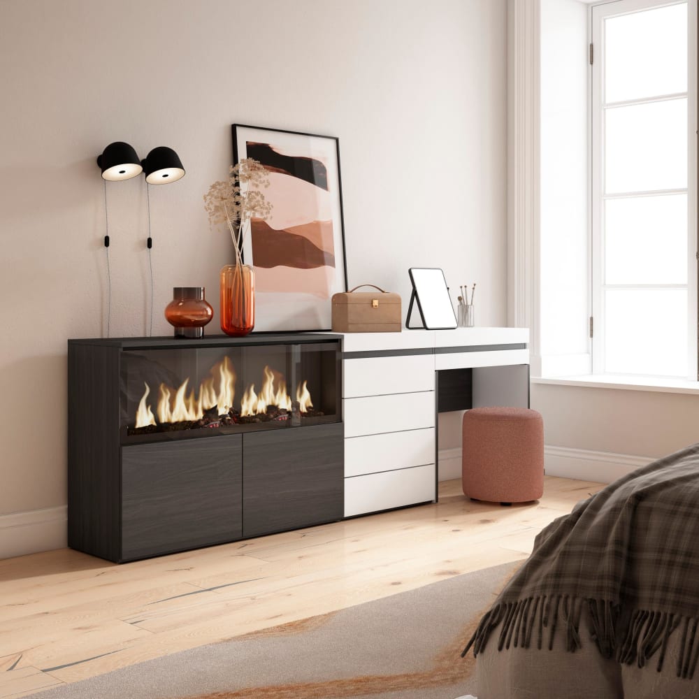 Skraut home Schminktisch Holzeffekt Kamin mit Feuereffekt XXL 234x35x75cm Weiß style modern Weiß Spanplatte