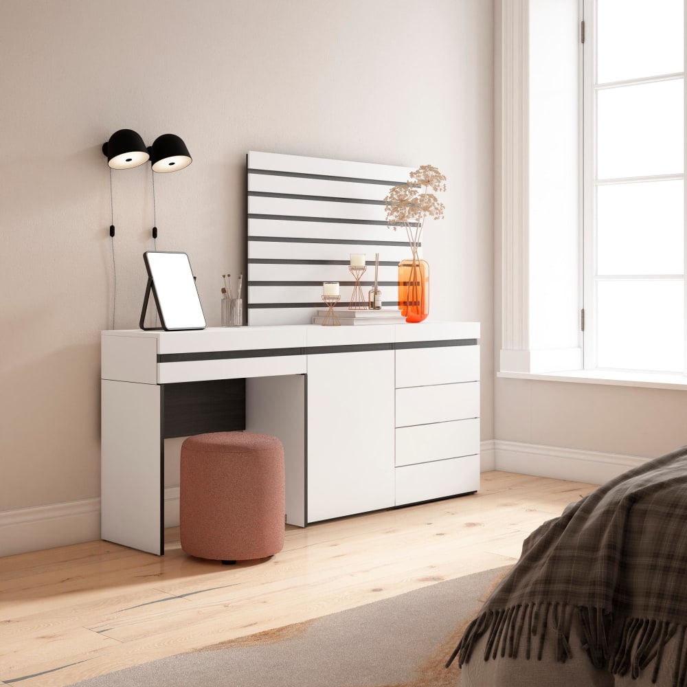 Skraut home Schminktisch Holzeffekt 177x35x145cm Weiß style modern Weiß Spanplatte
