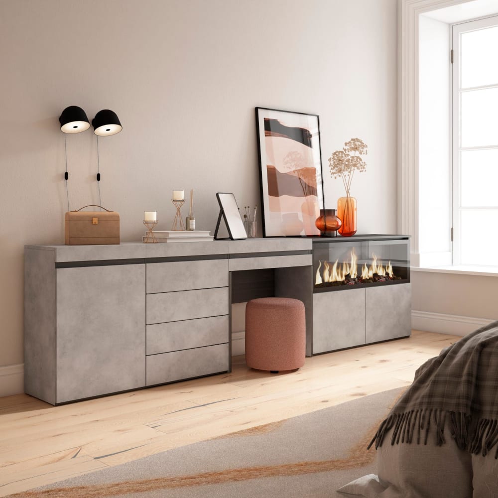 Skraut home Schminktisch Holzeffekt Kamin mit Feuereffekt XXL 284x35x75 Zementgrau style modern - Spanplatte