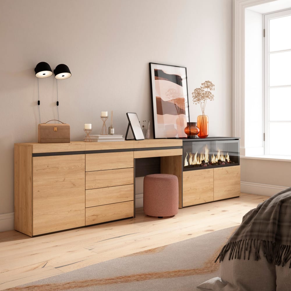 Skraut home Schminktisch Holzeffekt Kamin mit Feuereffekt XXL 284x35x75cm Eiche style modern Beige Spanplatte