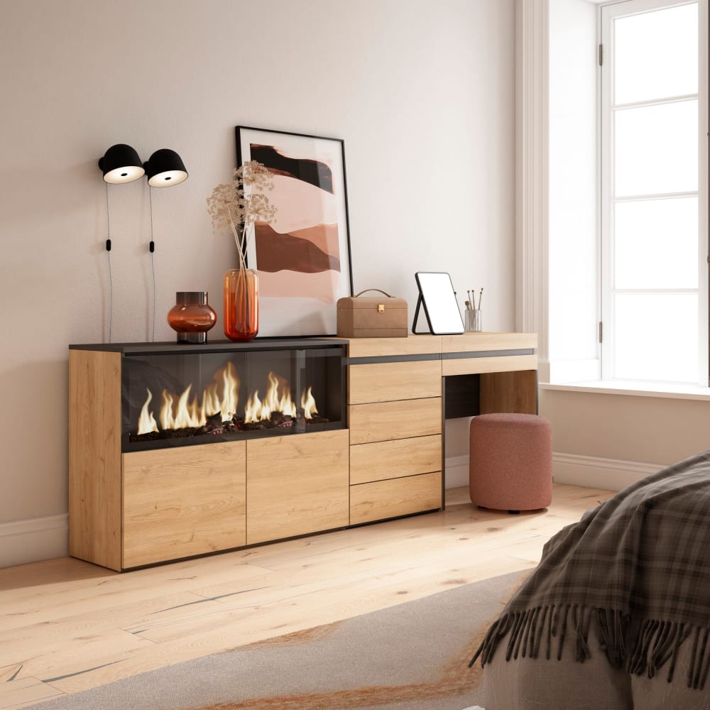 Skraut home Schminktisch Holzeffekt Kamin mit Feuereffekt XXL 234x35x75cm Eiche style modern Beige Spanplatte