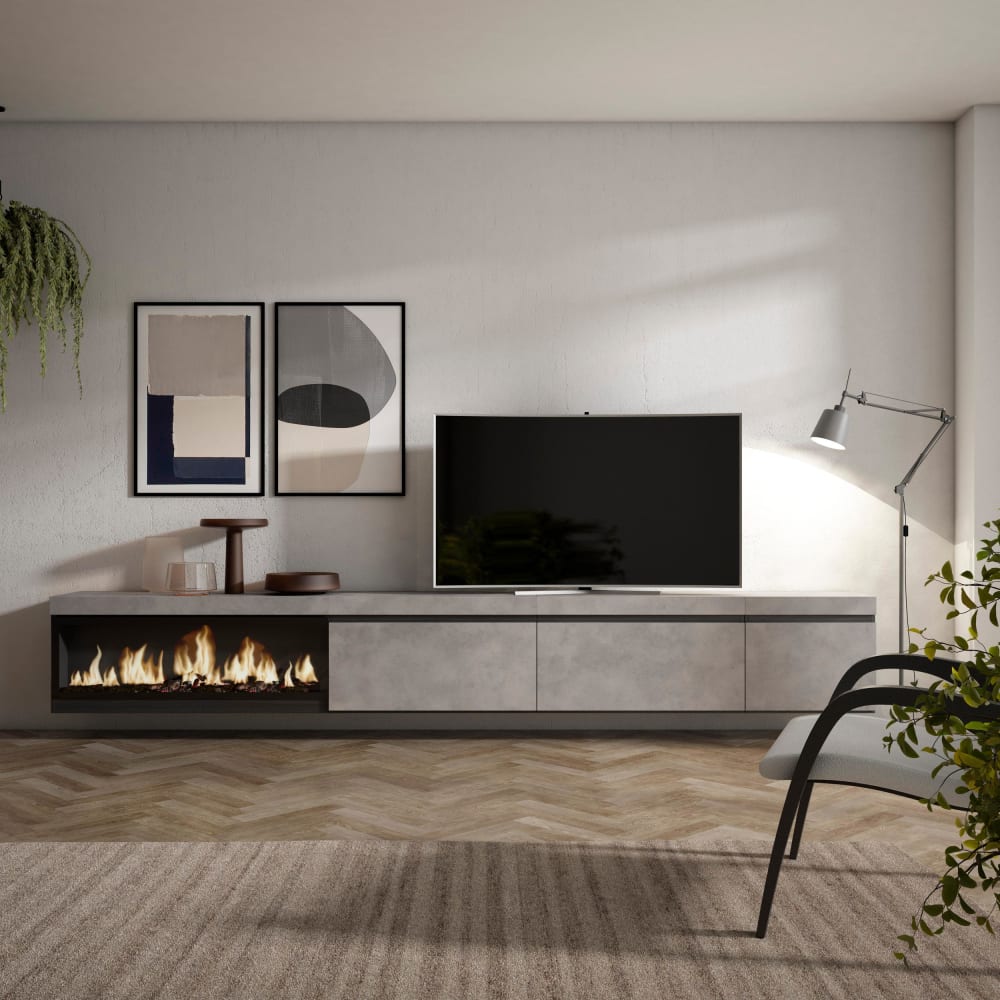 Meuble tv effet bois ciment 317x35x45cm cheminée effet feu XXL