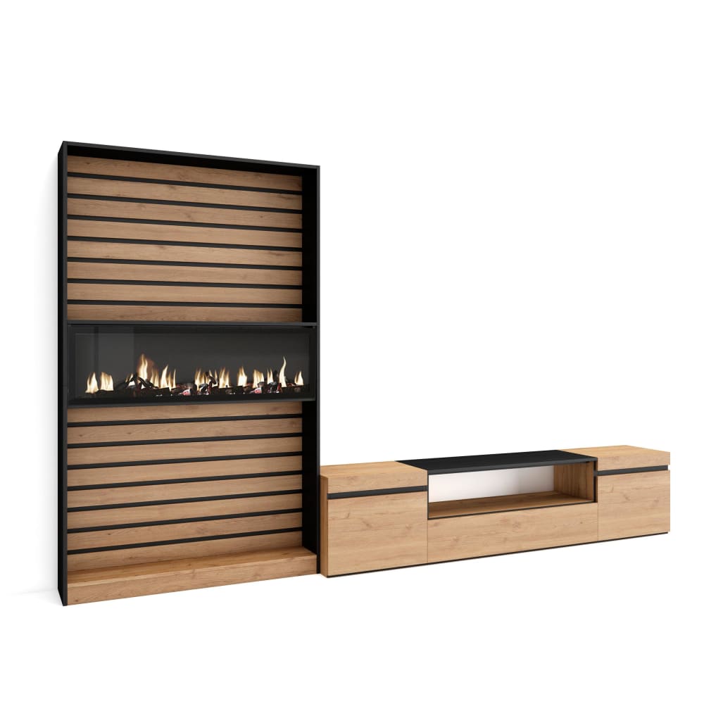 Wohnwand Holzeffekt Kamin mit Feuereffekt 310x35x186 Eiche und