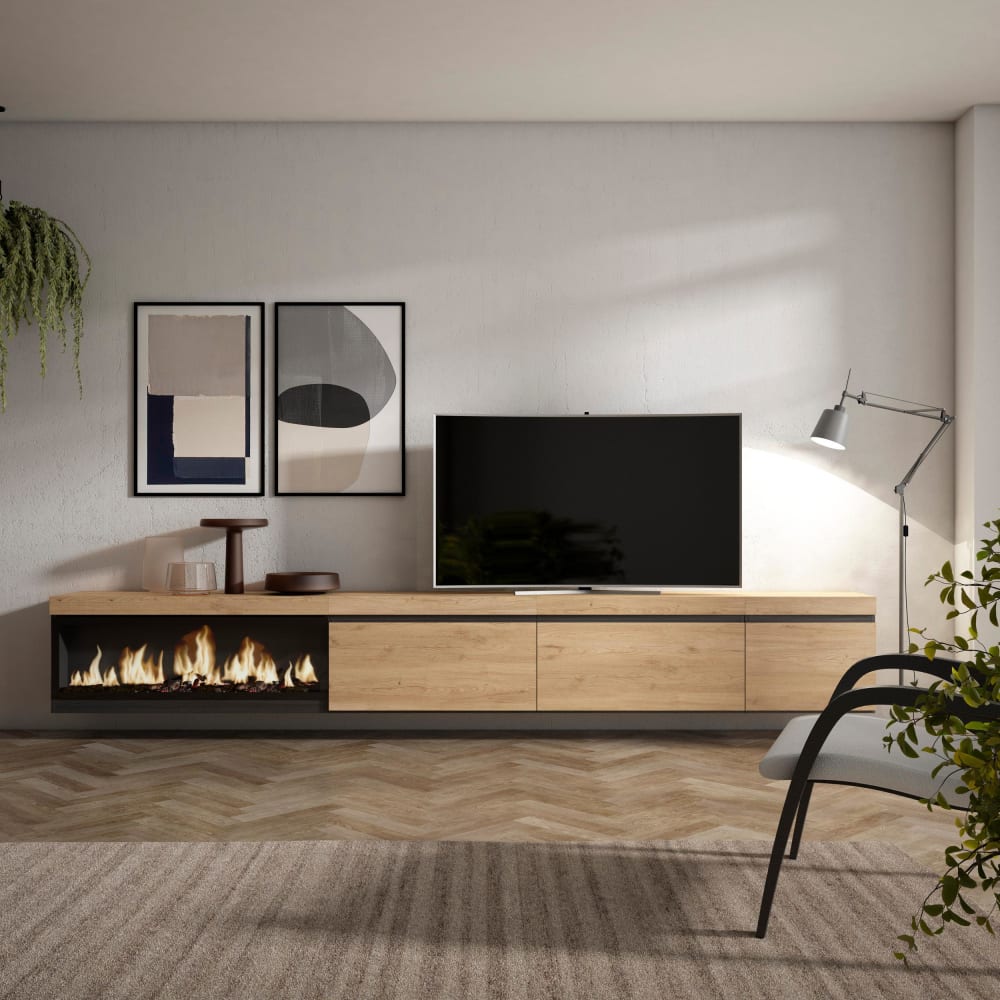 Meuble tv effet bois de chêne 317x35x45cm cheminée effet feu XXL