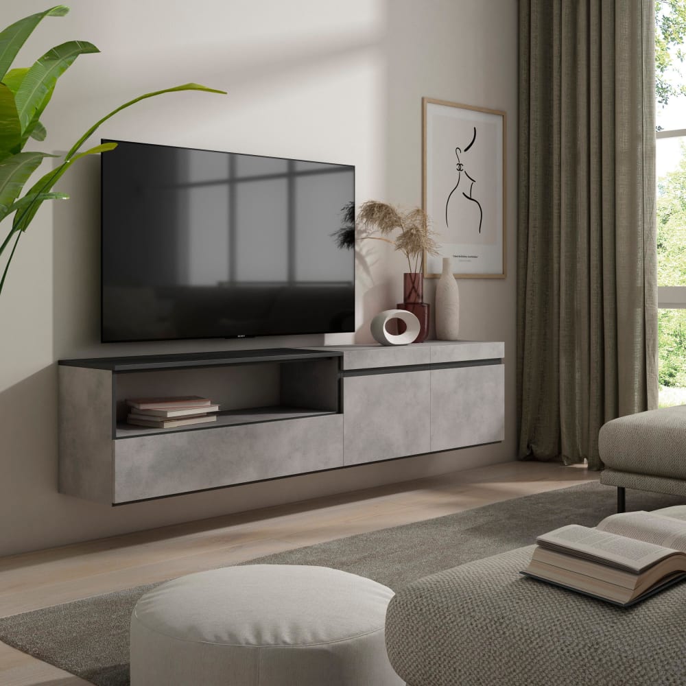 mueble tv efecto madera cemento 200x35x45cm colgado