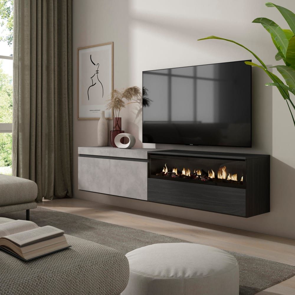 Skraut home TV-Möbel Holzeffekt Kamin mit Feuereffekt 200x35x45cm Zementgrau style modern - Spanplatte