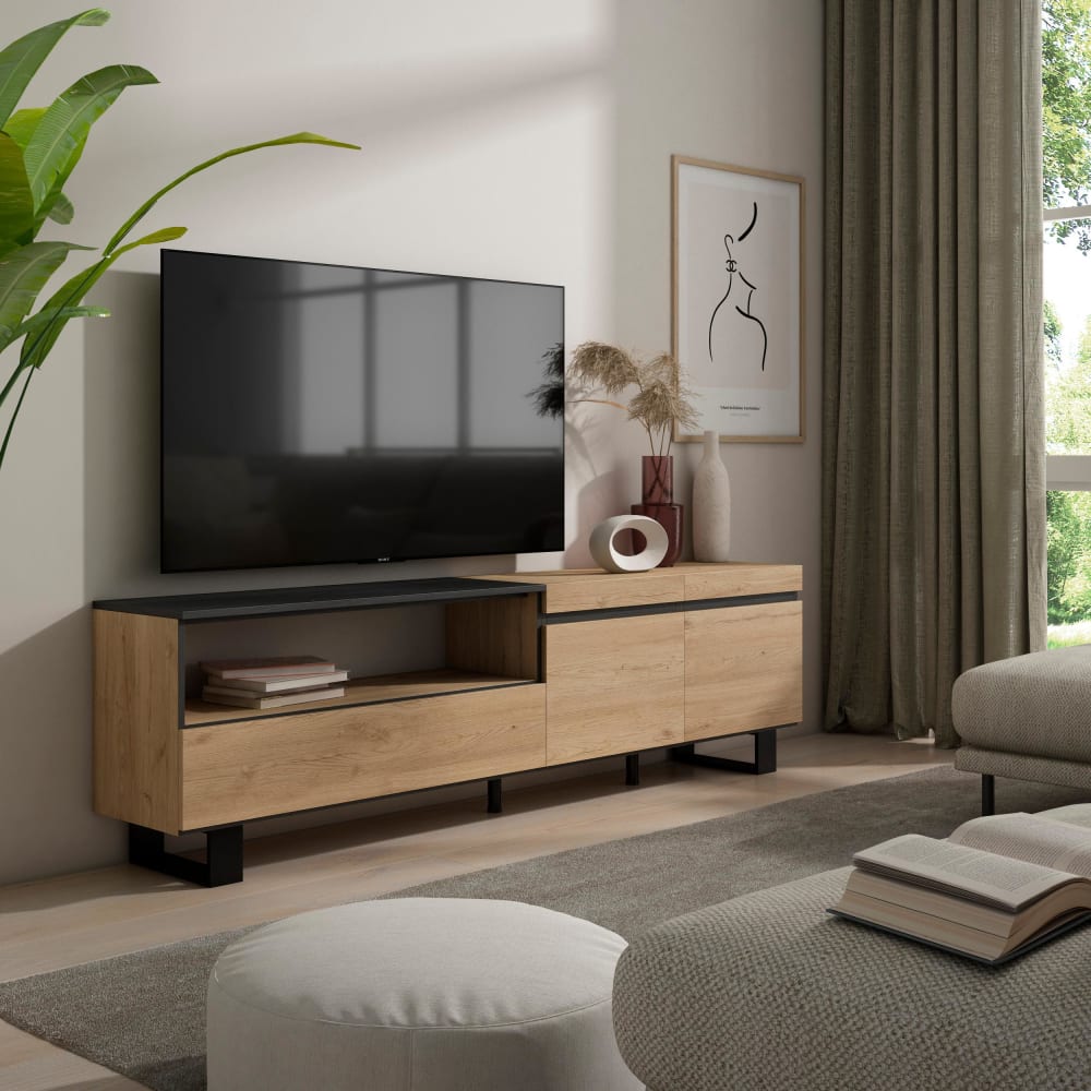 Meuble tv effet bois chêne et noir 200x35x57cm avec pieds