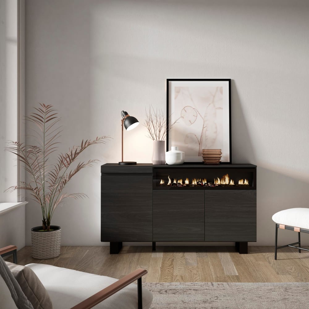 Skraut home Sideboard Holzeffekt Kamin mit Feuereffekt 150x35x87cm Schwarz style modern Schwarz Spanplatte