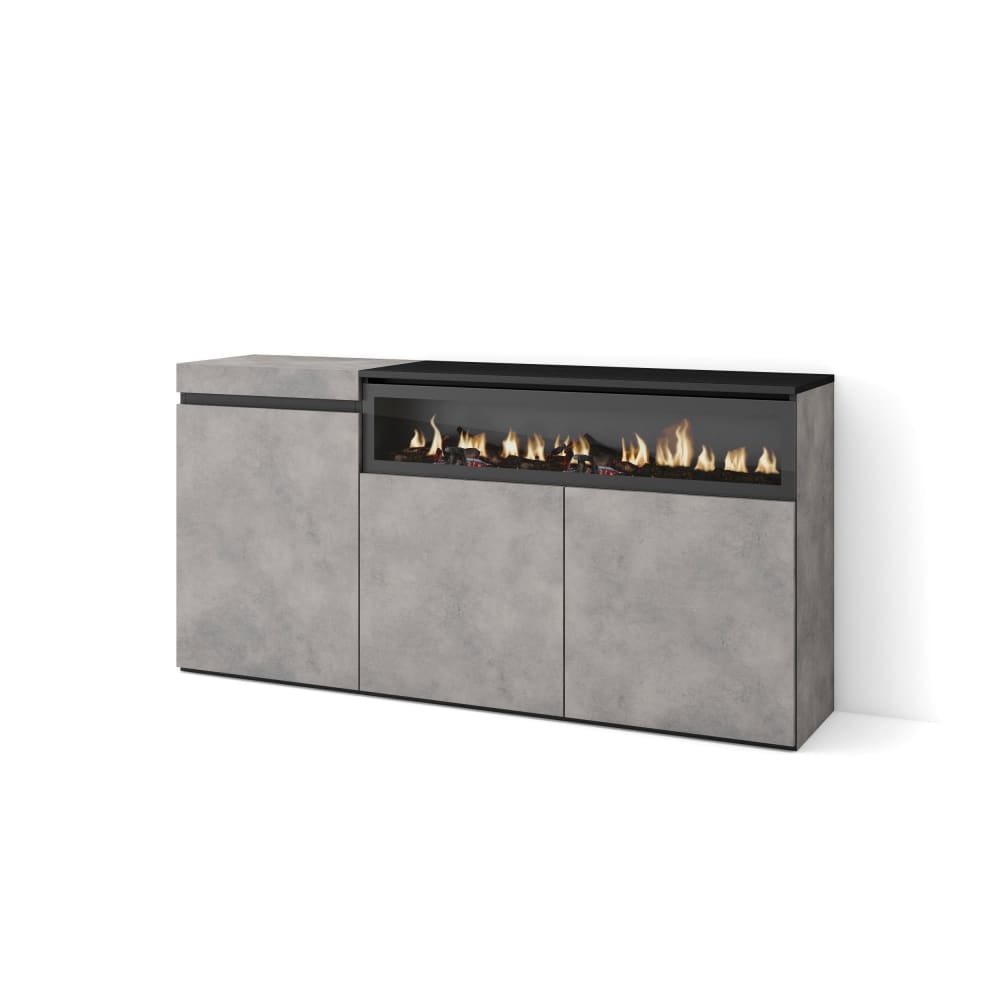 Sideboard Holzeffekt Kamin mit Feuereffekt 150x35x75cm Zementgrau