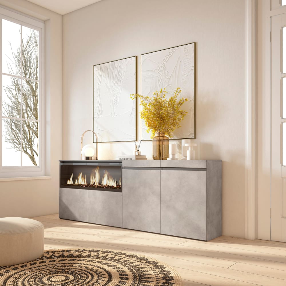 Skraut home Sideboard Holzeffekt Kamin mit Feuereffekt XXL 208x35x75cm Zementgrau style modern - Spanplatte