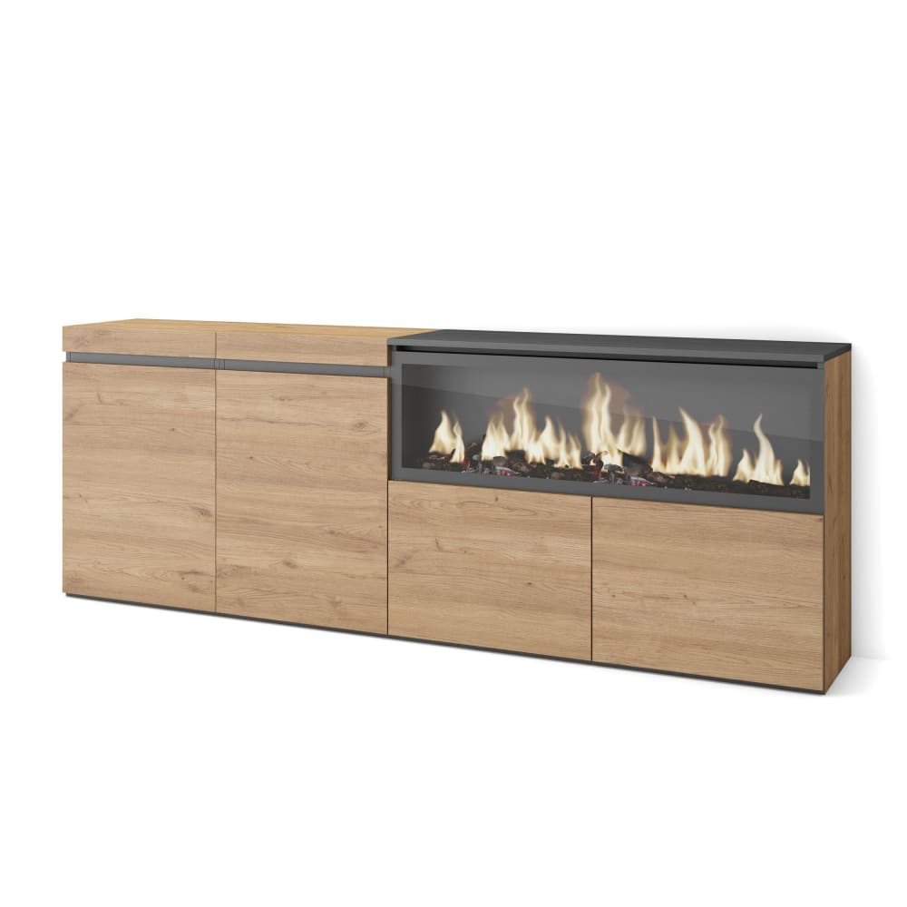 Buffet effet bois chêne 208x35x75cm cheminée effet feu XXL