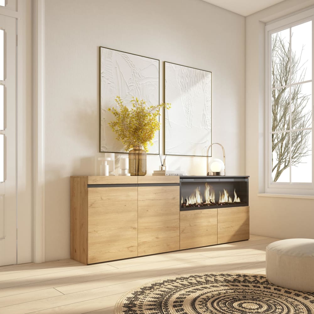 Skraut home Sideboard Holzeffekt Kamin mit Feuereffekt XXL 208x35x75cm Eiche style modern Beige Spanplatte