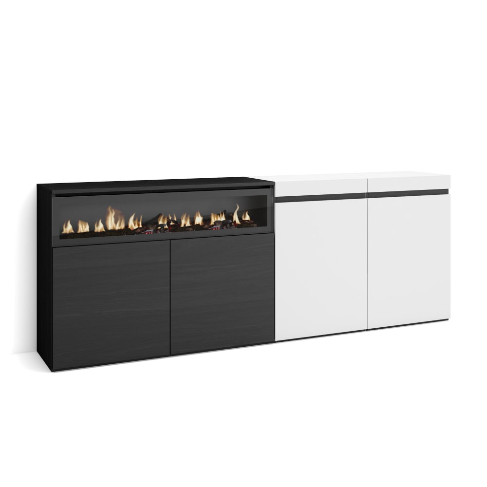 Buffet effet bois blanc et noir 200x35x75cm cheminée effet feu