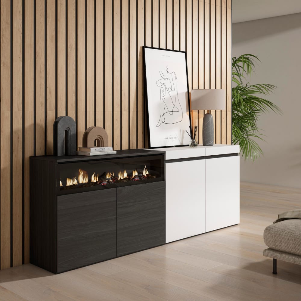 Skraut home Sideboard Holzeffekt Kamin mit Feuereffekt 200x35x75 Weiß und Schwarz style modern Weiß Spanplatte